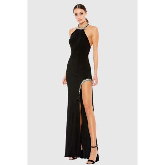 Ieena for Mac Duggal Black Rhinestone Accented Halter Gown - Size 0 - NWT - Picture 1 of 6